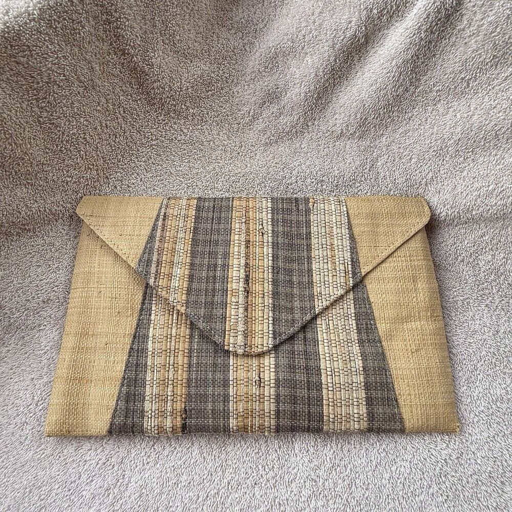Shebobo Brown Raffia Woven Clutch Handmade Madagascar Snap Closure